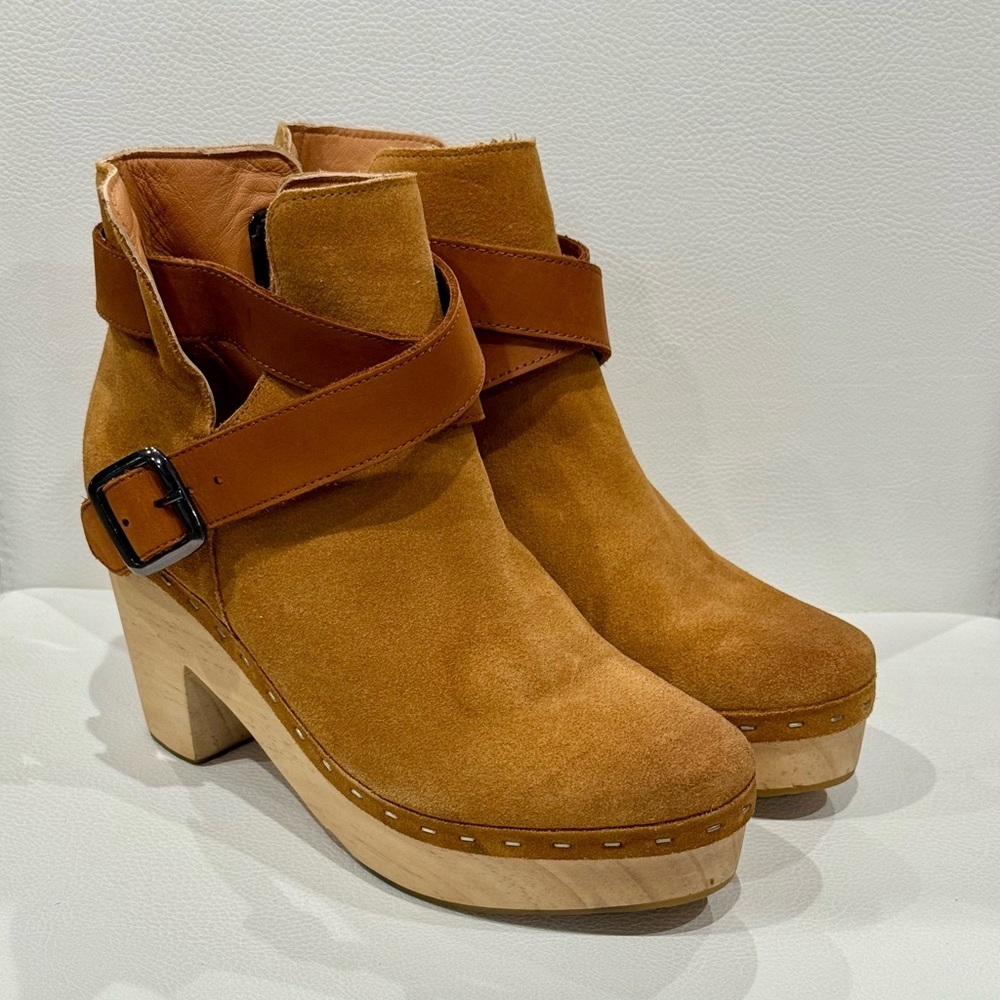 Free People Bungalow Suede Clog Leather Booties Wood Sole Women’s Size 37